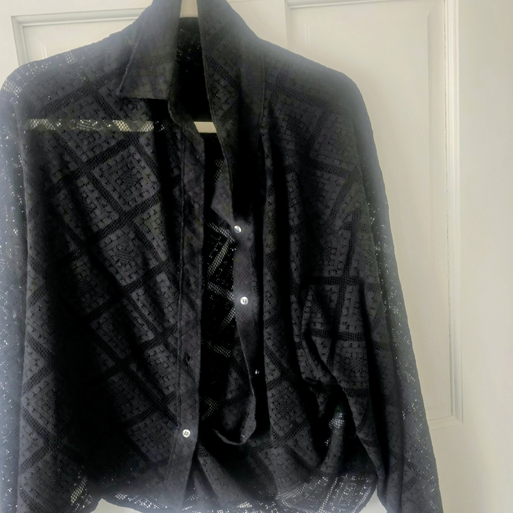 GAP Black Sheer Lace Button-Up Blouse